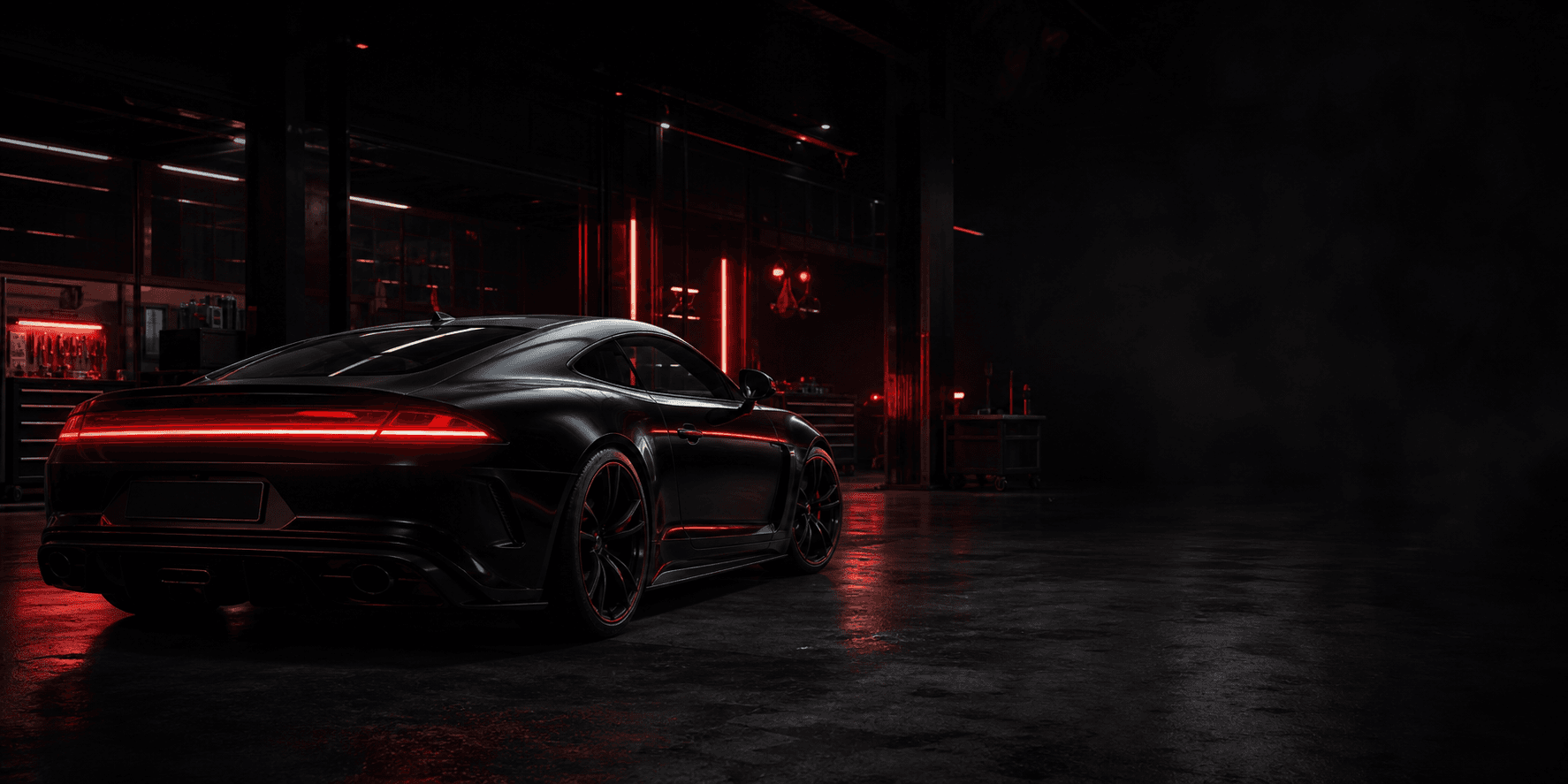 Carro esportivo genérico em oficina automotiva escura com iluminação vermelha